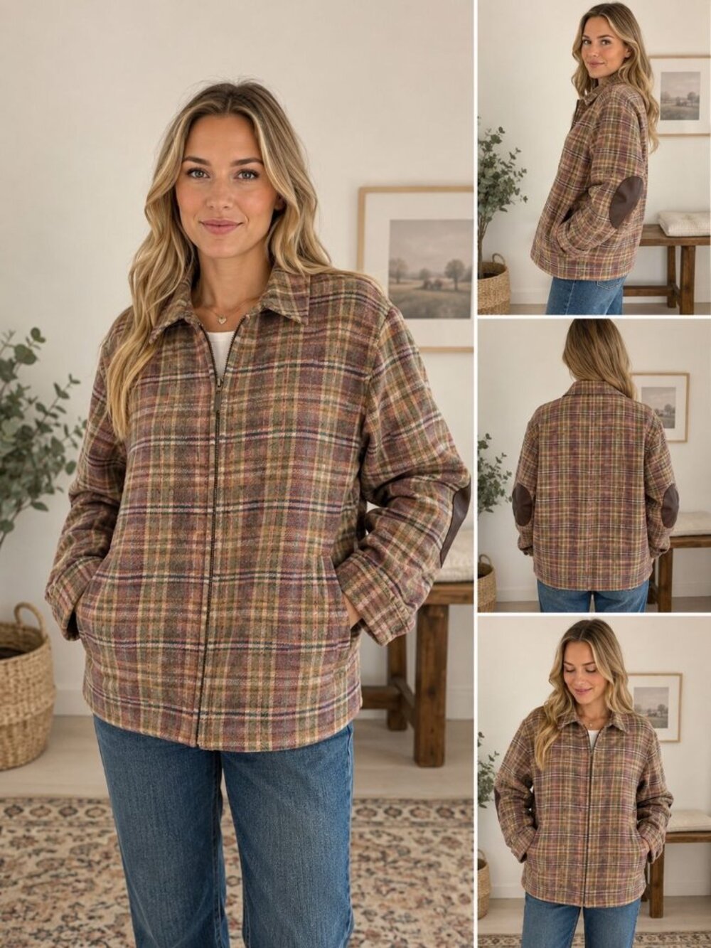 Crazy Horse Liz Claborne Plaid  Wool Zipper Jacket Size L Leather Elbow Preppy